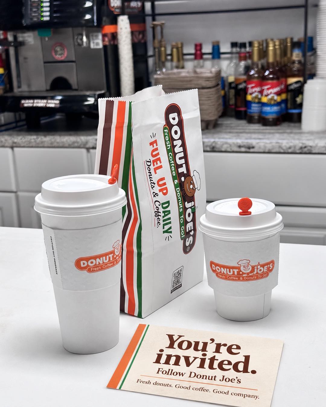 Donut Joe’s branded coffee cups and Fuel Up Daily bag (photo: @donutjoes on Instagram)