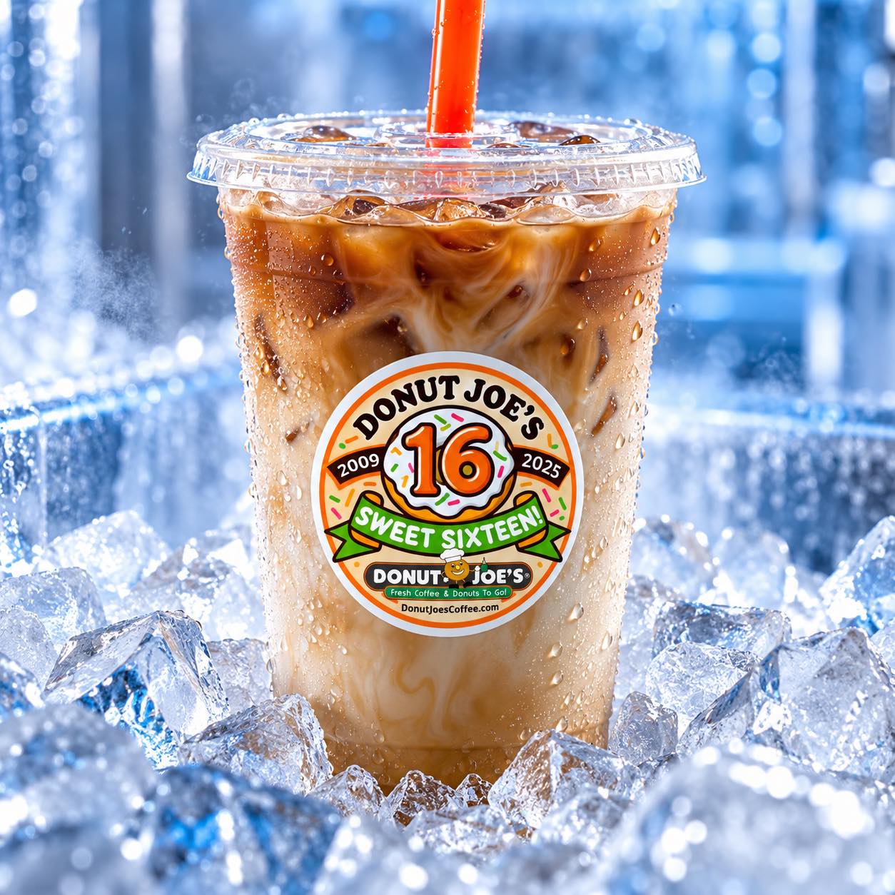 Iced latte with Donut Joe’s Sweet Sixteen sticker (photo: @donutjoes on Instagram)
